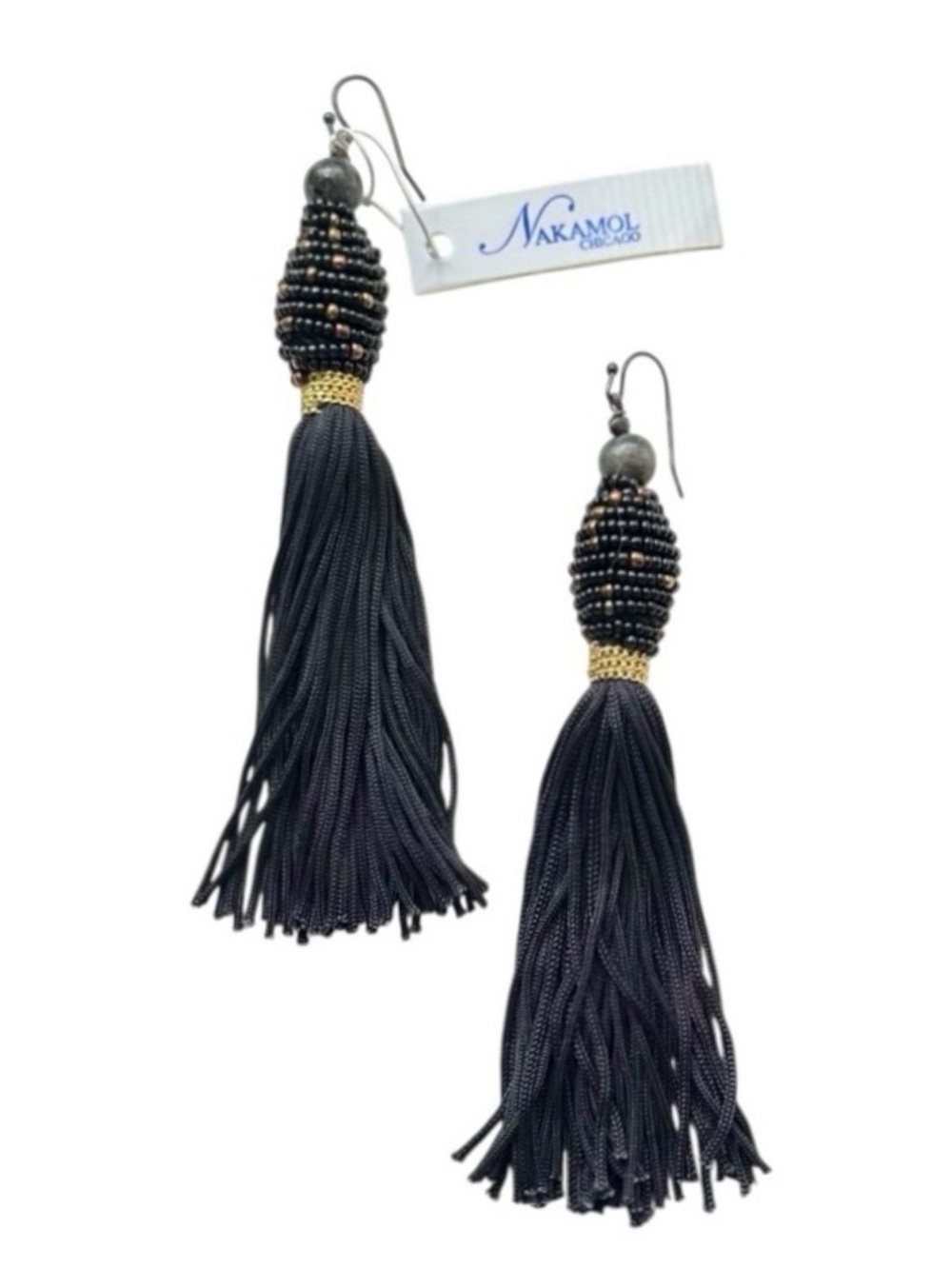 Nakamol Chicago Black and Gold Mixed Bead Tassel Drop Earrings